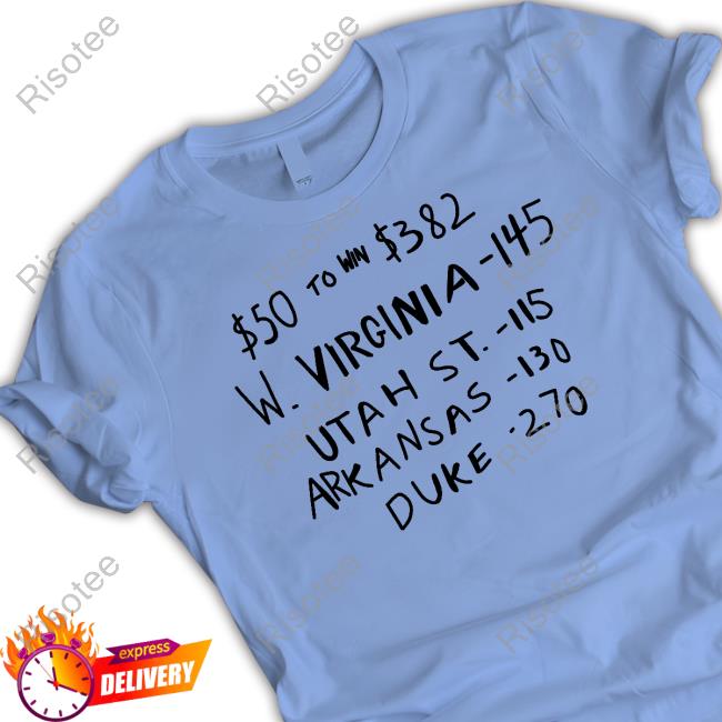 $50 To Win $382 W. Virginia -145 Utah St.- 115 Arkansas-110 Duke -270 Sweaters